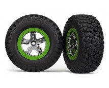 Tire & wheel assy, glued (SCT, chrome, green beadlock wheel,, TRX5865