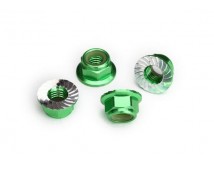 Nuts, 5mm flanged nylon locking (aluminum, green-anodized, serrated) (4)