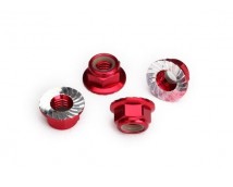 Nuts, 5mm flanged nylon locking (aluminum, red-anodized, serrated) (4)