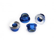 Nuts, 5mm flanged nylon locking (aluminum, blue-anodized, serrated) (4)